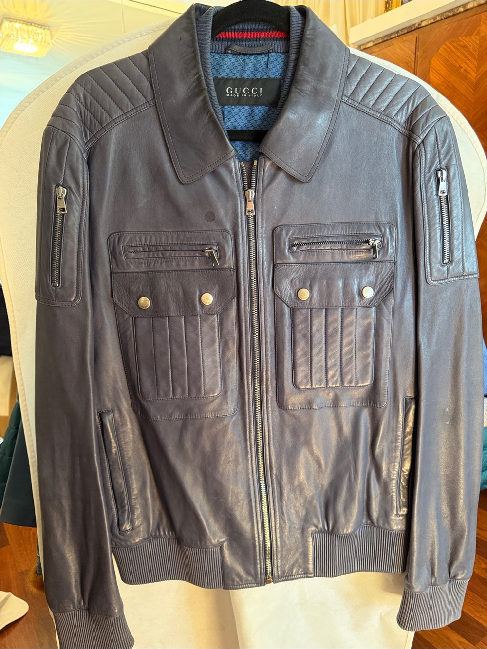 Gucci Dark Blue Leather Bomber Jacket